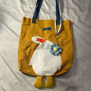 Yellow Duck Tote Bag with Crochet Blue Flower Charm